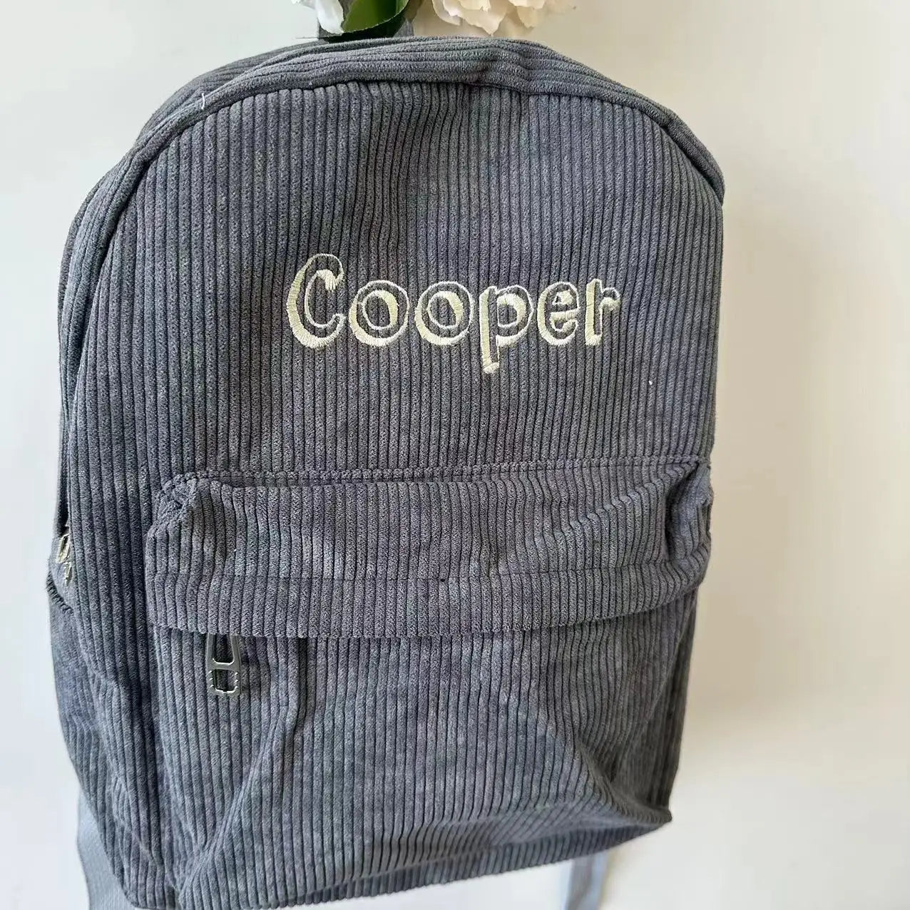 Personalised Embroidered Kids Backpack – Custom Name Corduroy School Bag